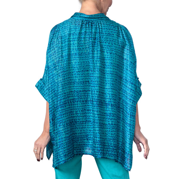 Neeru Kumar Short Sleeve Silk Shibori Printed Handkerchief Hem Top